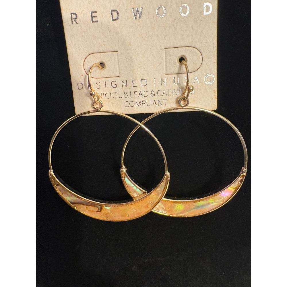 Redwood Gold Tone Crescent Moon Hoop Earrings Iridescent Inlay Boho Celestial
